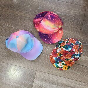 Bundle of 3 Women's Baseball Fashion Hats: Galaxy Print, Tie Dye, Floral